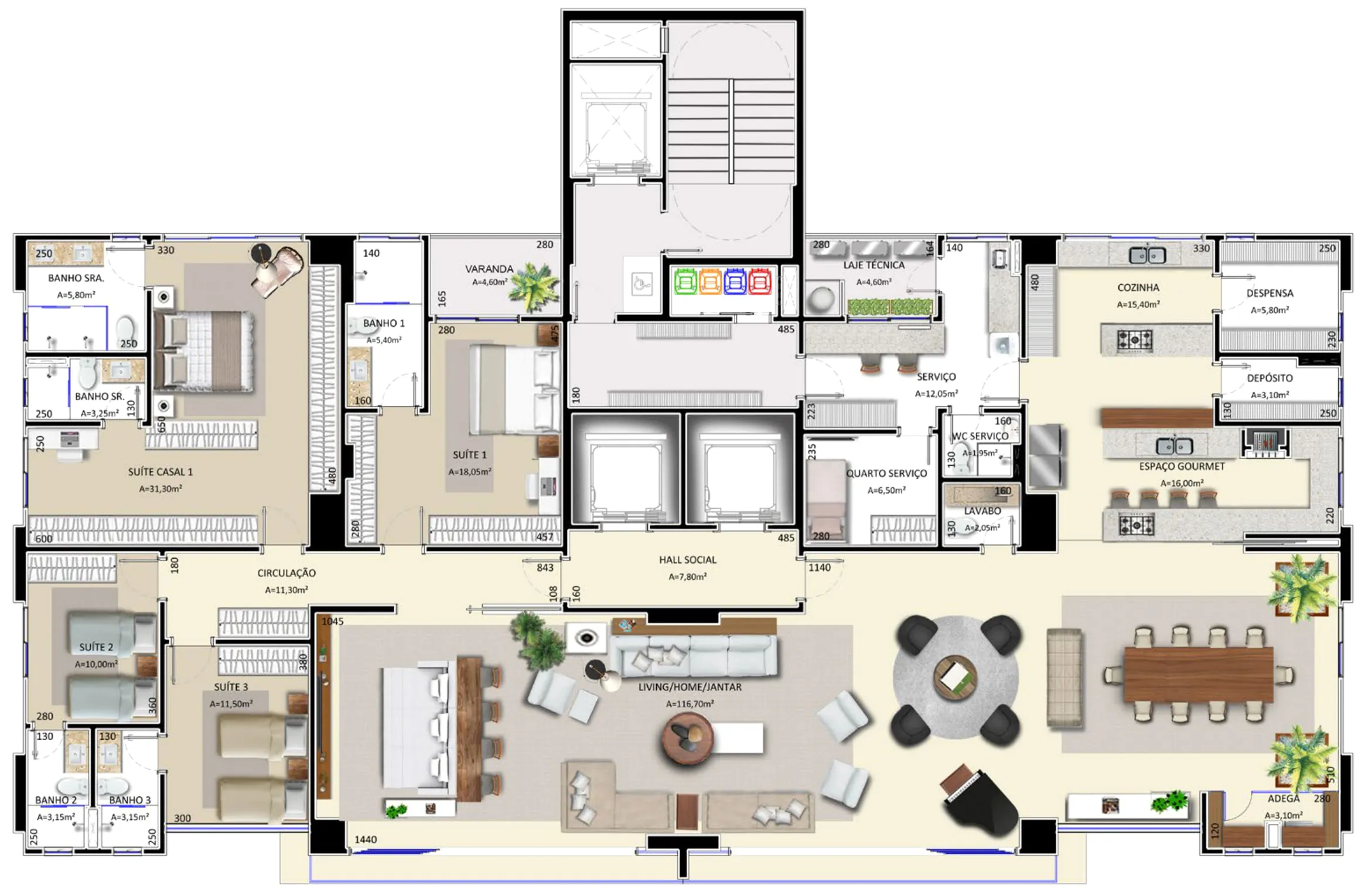 Planta humanizada do andar da unidade 1001, com as quatro suítes, o living, a cozinha e o hall privativo