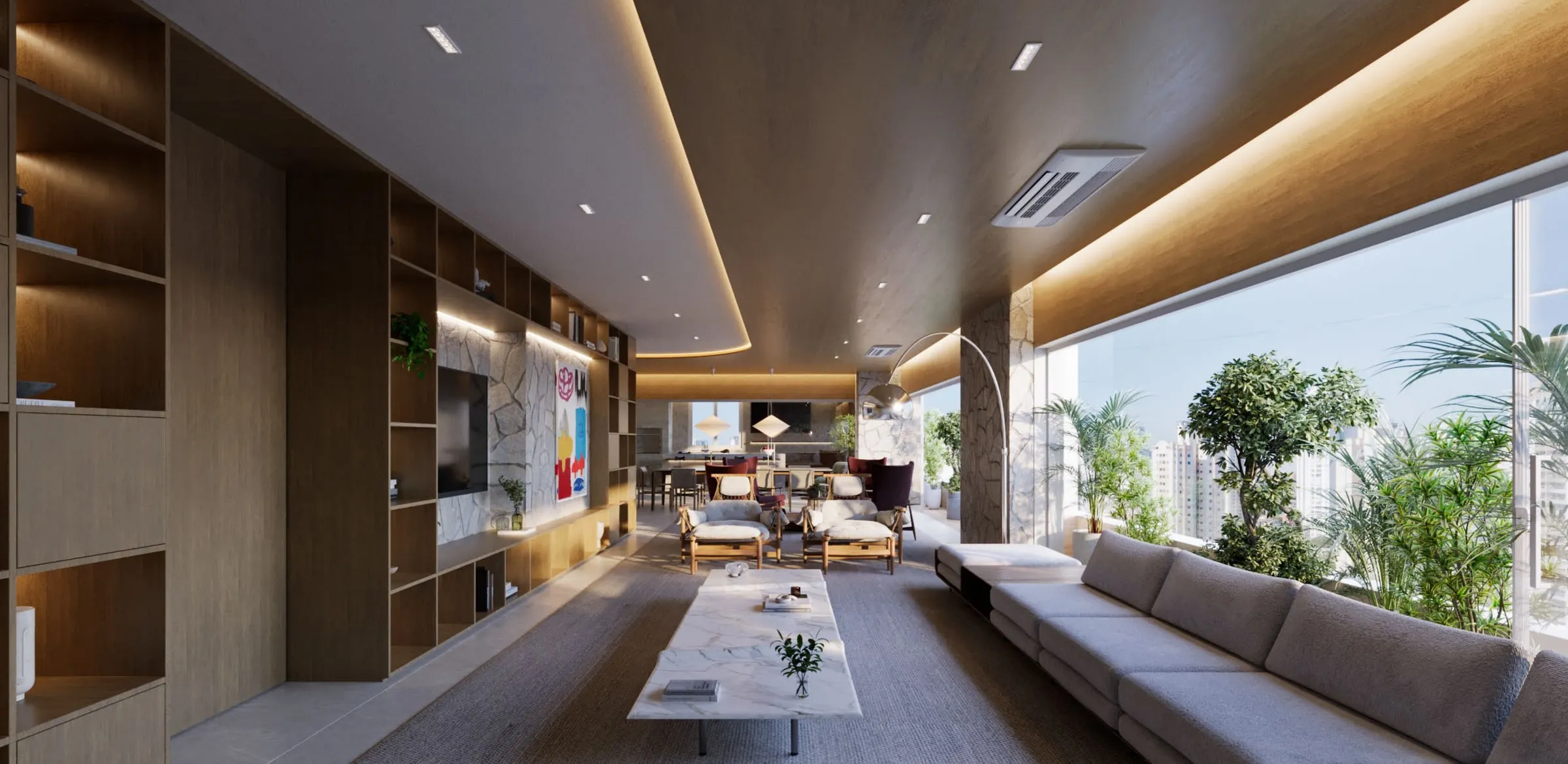Proposta de interiores para o living, com sofá longo e esquadria de vidro do piso ao teto (imagem ilustrativa)